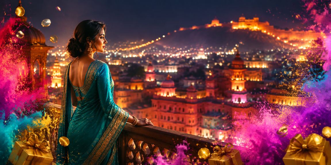 Indian woman playing Andar Bahar on mobile device in Jaipur